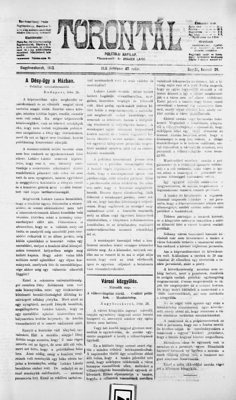 Torontál, 42. évf. 1913. február 26. 47. sz.