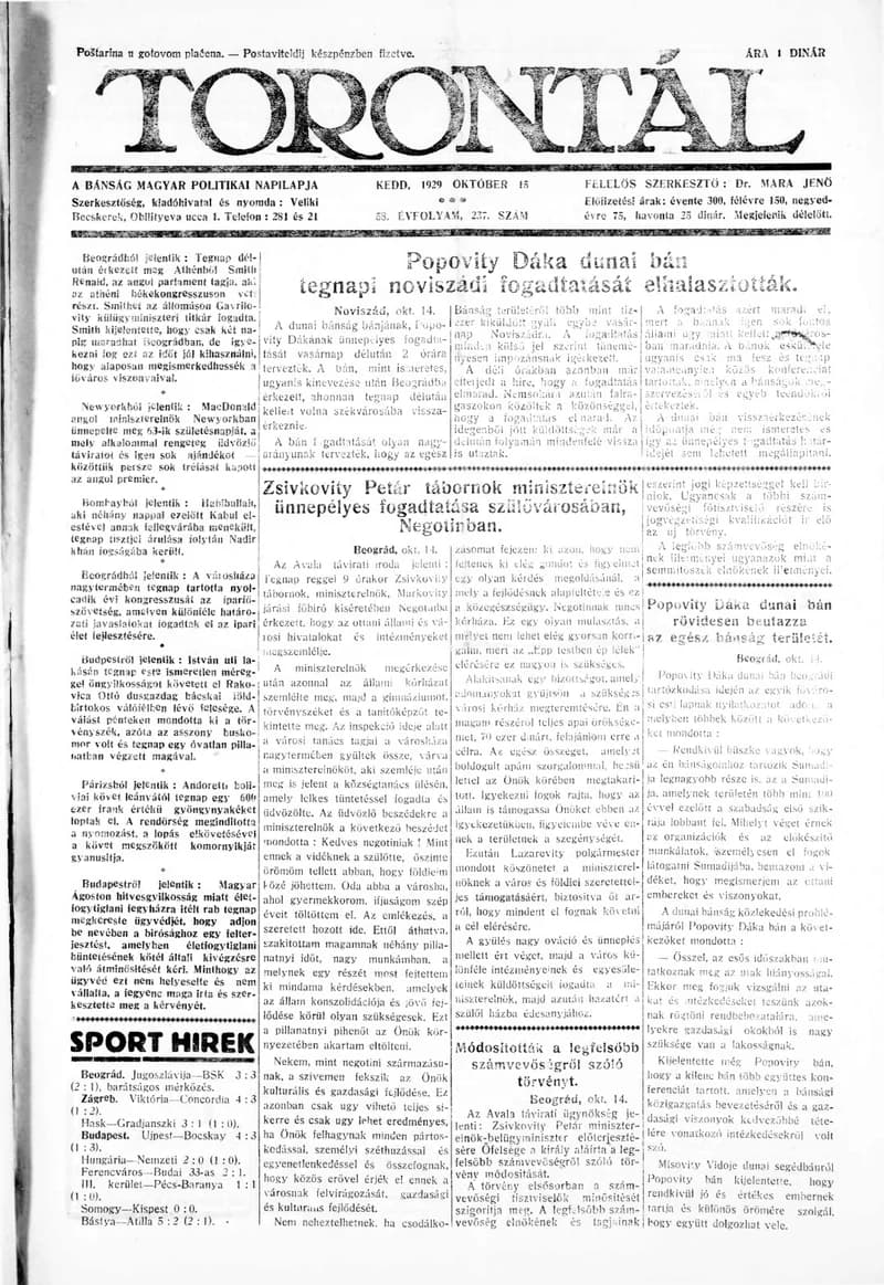 Torontál, 58. évf. 1929. október 15. 237. sz.