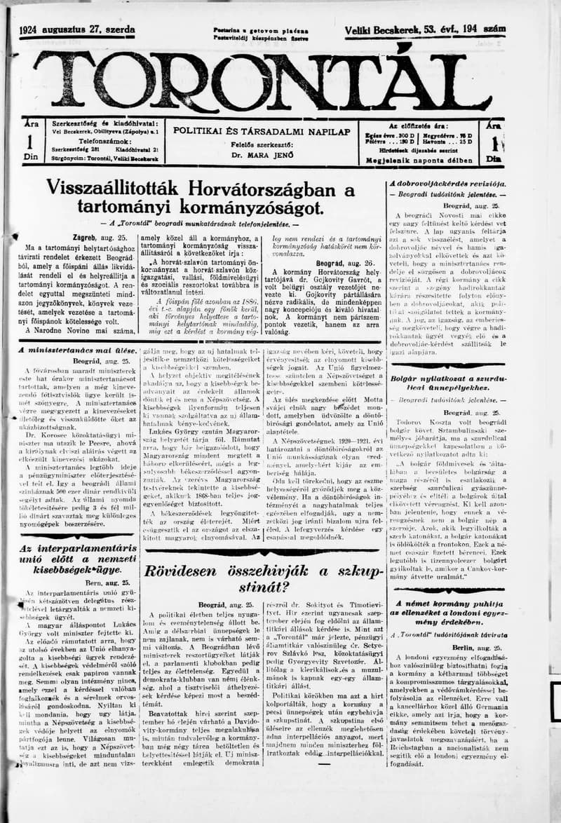 Torontál, 53. évf. 1924. augusztus 27. 194. sz.