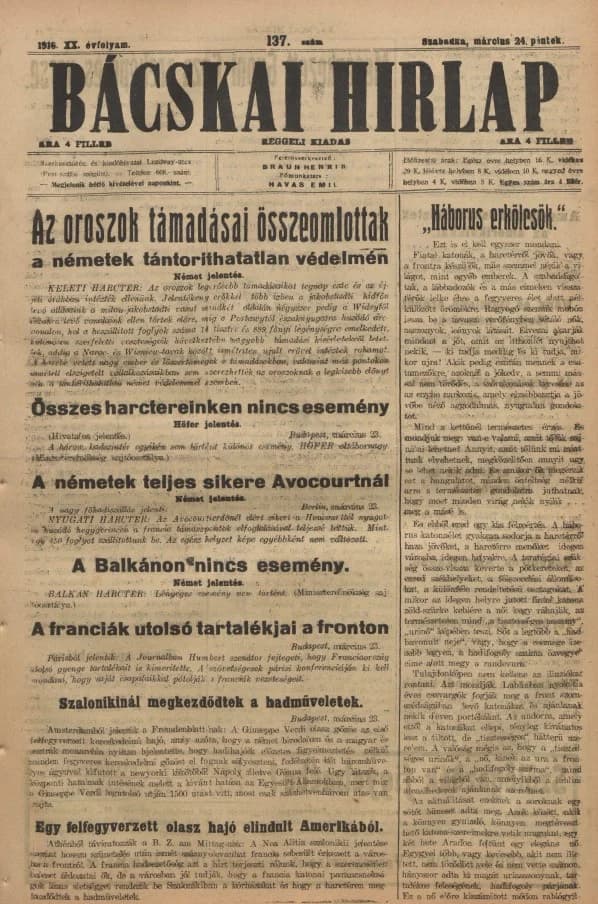Bácskai Hirlap, 20. évf. 1916. március 24. 137. sz.