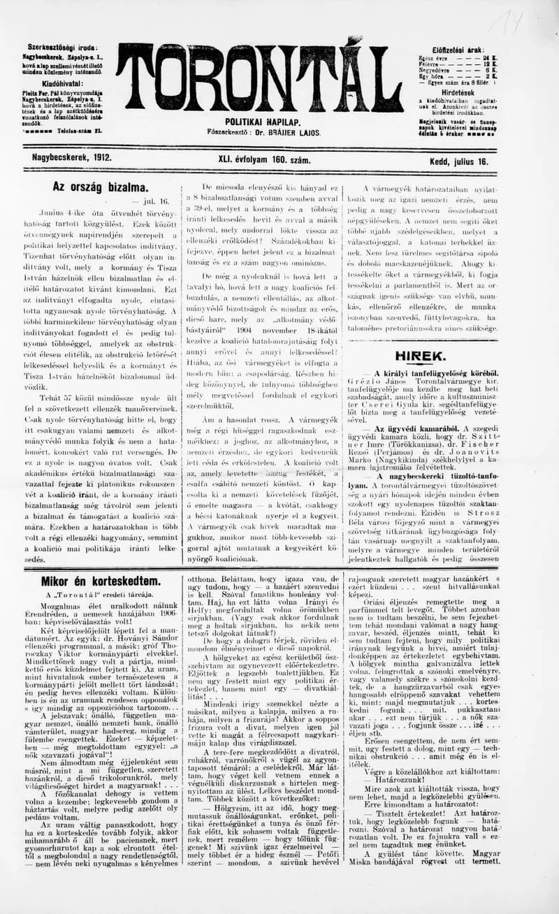 Torontál, 41. évf. 1912. július 16. 160. sz.