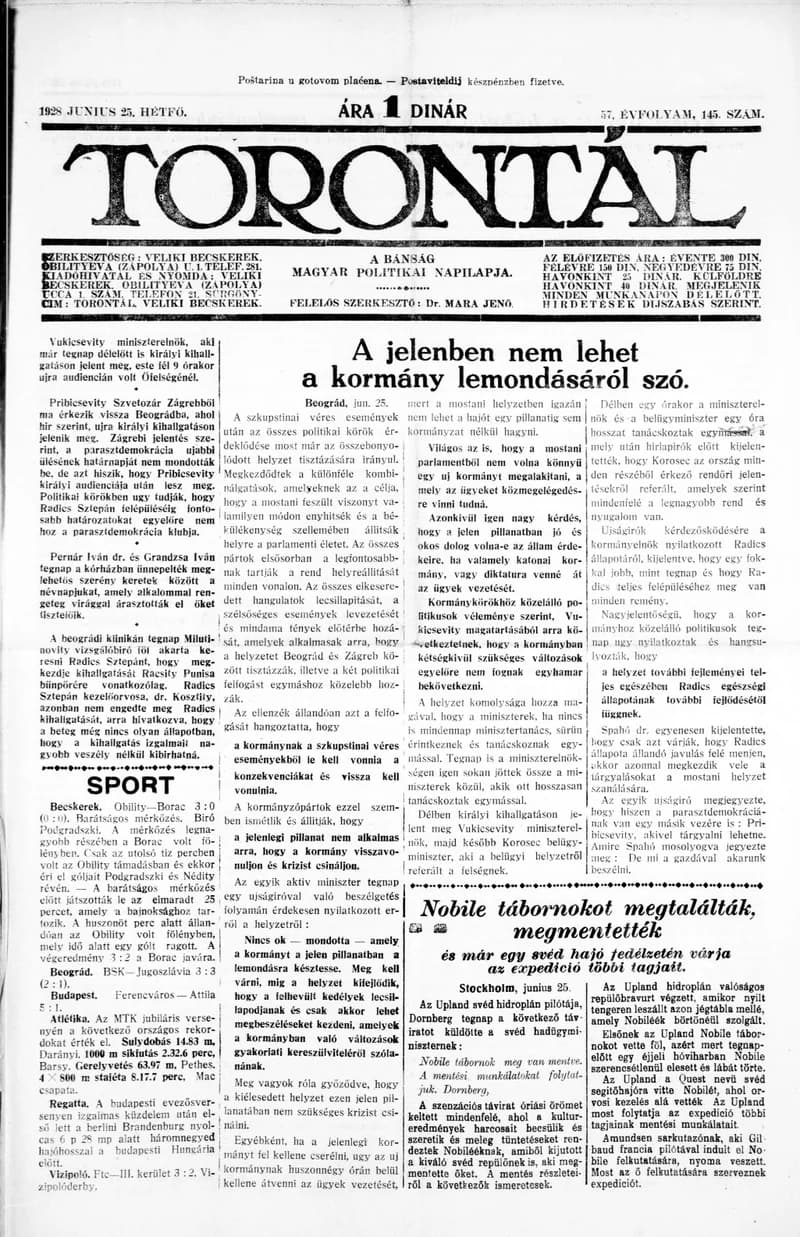 Torontál, 57. évf. 1928. június 25. 145. sz.