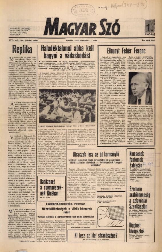 Magyar Szó, 46. évf. 1989. augusztus 1. 208. sz. 1–20. oldal