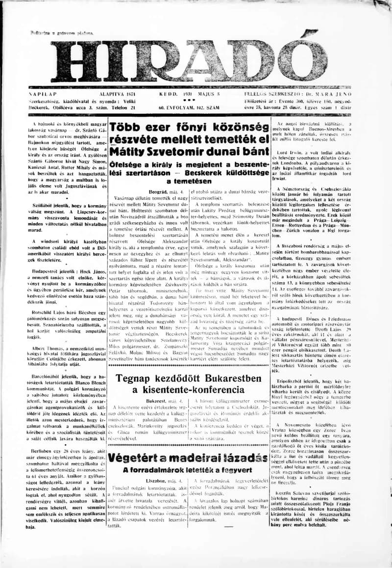 Híradó, 60. évf. 1931. május 5. 102. sz.