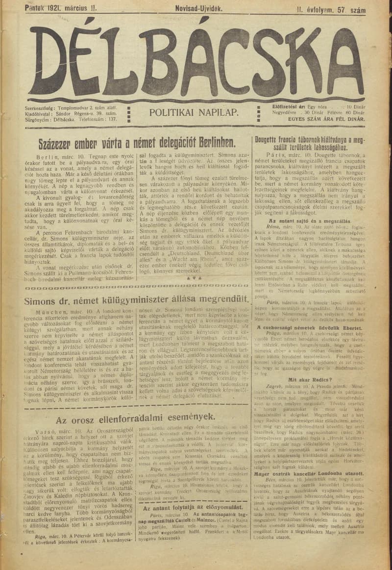 Délbácska, 2. évf. 1921. március 11. 57. sz.