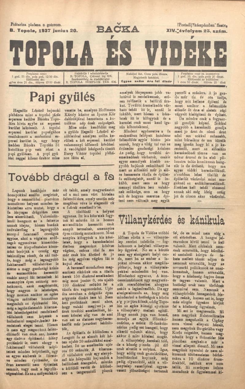 Bačka Topola és Vidéke, 14. évf. 1937. június 20. 25. sz.