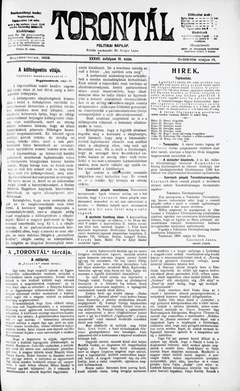 Torontál, 37. évf. 1908. május 14. 111. sz.