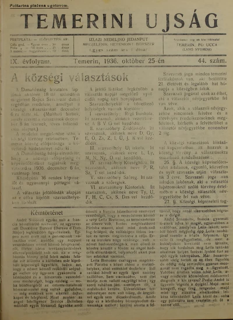 Temerini Újság 1928-1944, 9. évf. 1936. október 25. 44. sz.