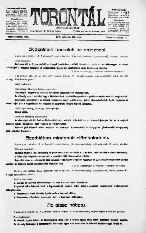 Torontál, 44. évf. 1915. október 14. 235. sz.