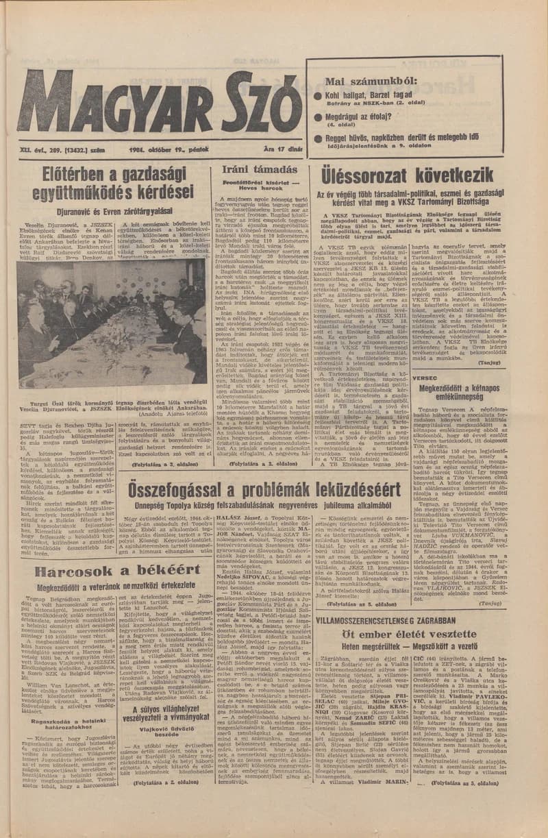 Magyar Szó, 41. évf. 1984. október 19. 289. sz. 1–20. oldal