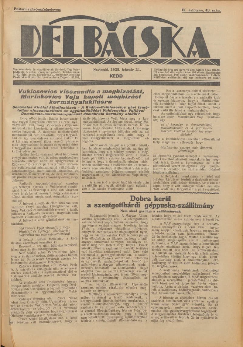 Délbácska, 9. évf. 1928. február 21. 43. sz.