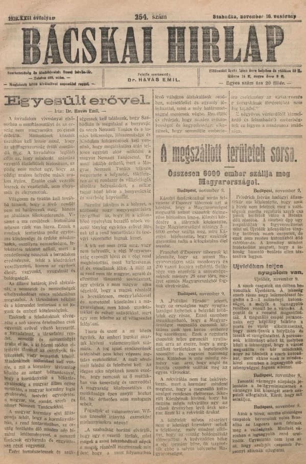 Bácskai Hirlap, 22. évf. 1918. november 10. 254. sz.