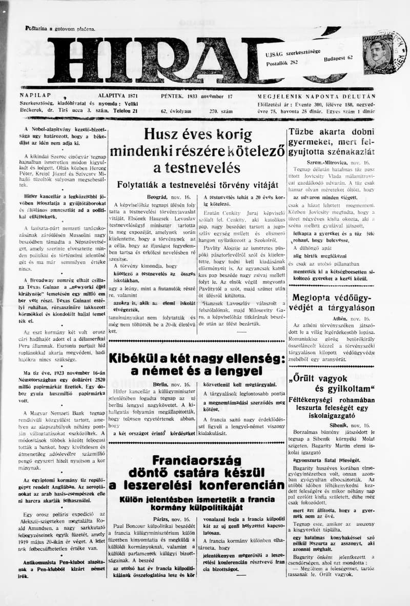 Híradó, 62. évf. 1933. november 17. 270. sz.