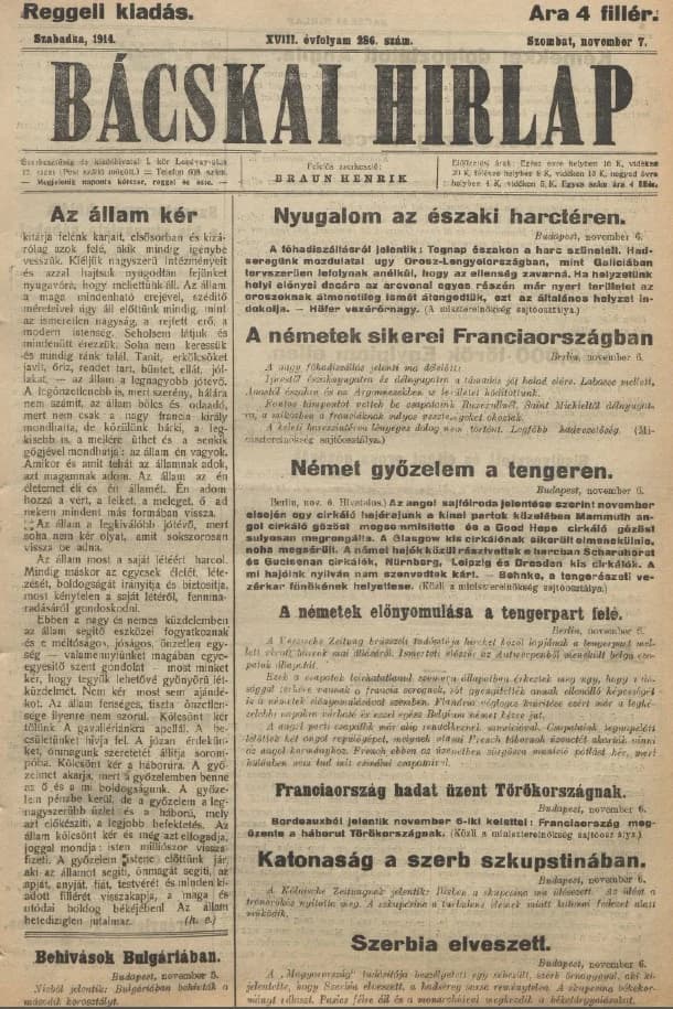 Bácskai Hirlap, 18. évf. 1914. november 7. 286. sz.