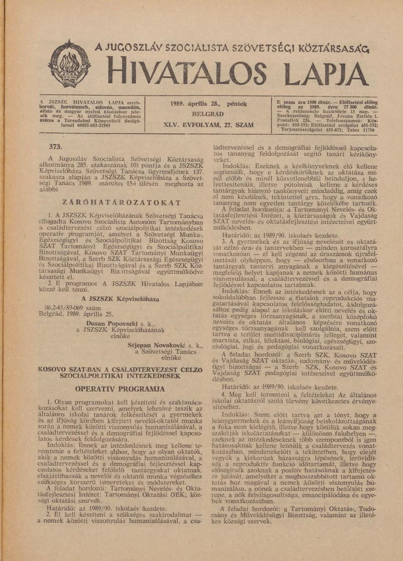 A Jugoszláv Szocialista Szövetségi Köztársaság Hivatalos Lapja, 45. évf. 1989. április 28. 27. sz. 721–736. oldal
