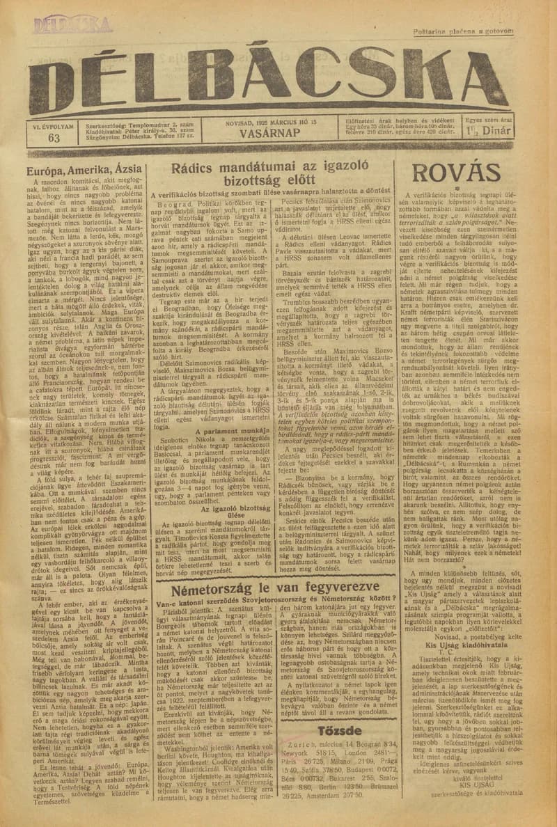 Délbácska, 6. évf. 1925. március 15. 63. sz.
