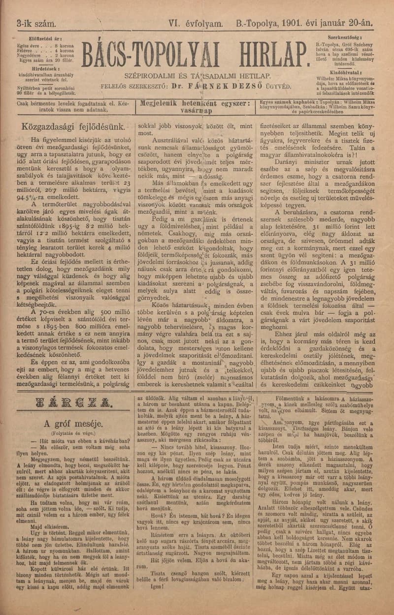 Bács-Topolyai Hirlap, 6. évf. 1901. január 20. 3. sz.