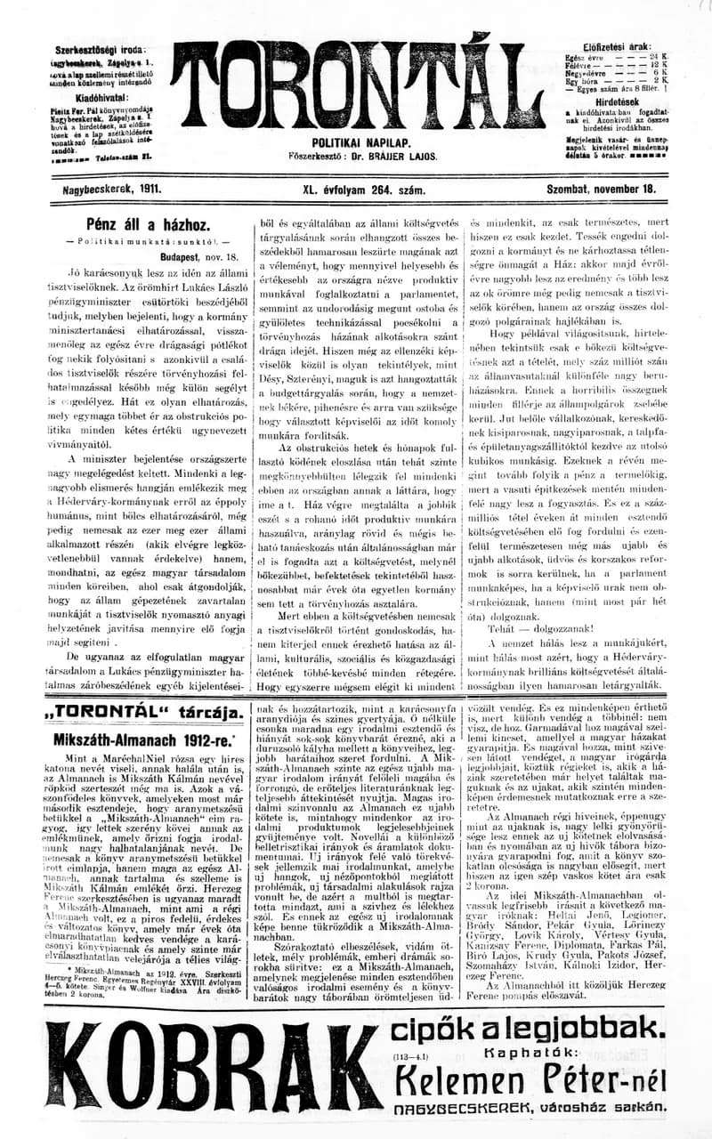 Torontál, 40. évf. 1911. november 18. 264. sz.