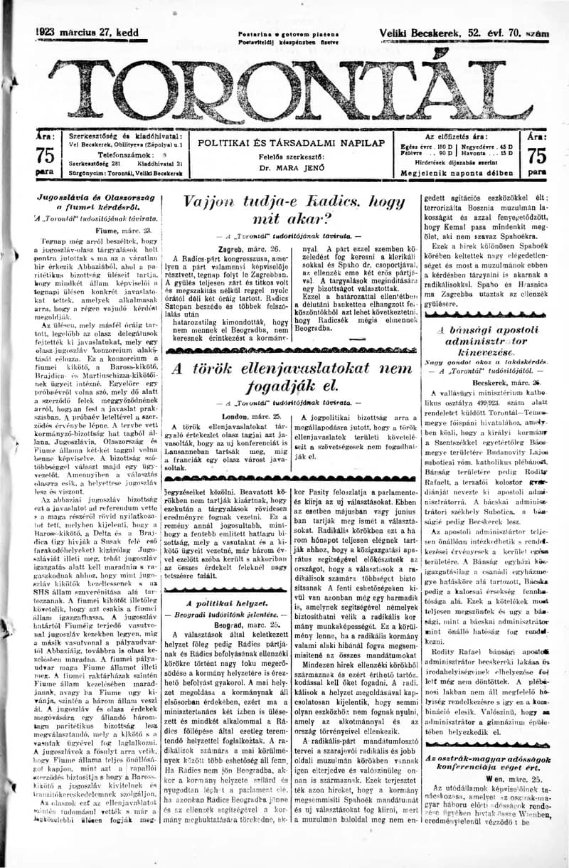 Torontál, 52. évf. 1923. március 27. 70. sz.
