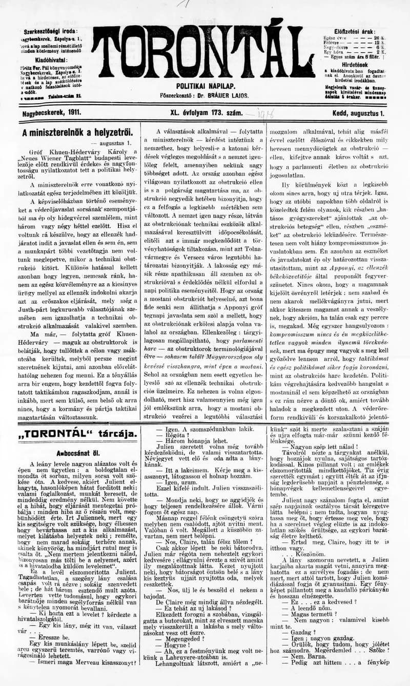 Torontál, 40. évf. 1911. augusztus 1. 173. sz.