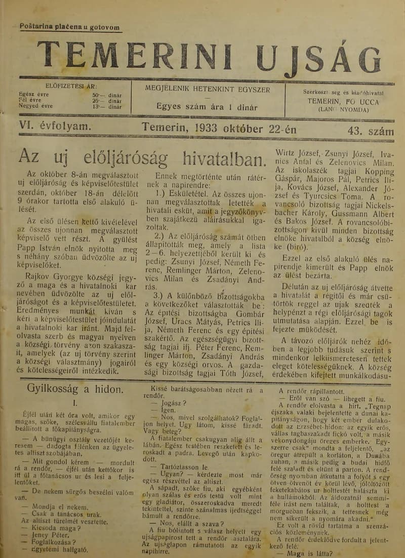Temerini Újság 1928-1944, 6. évf. 1933. október 22. 43. sz.
