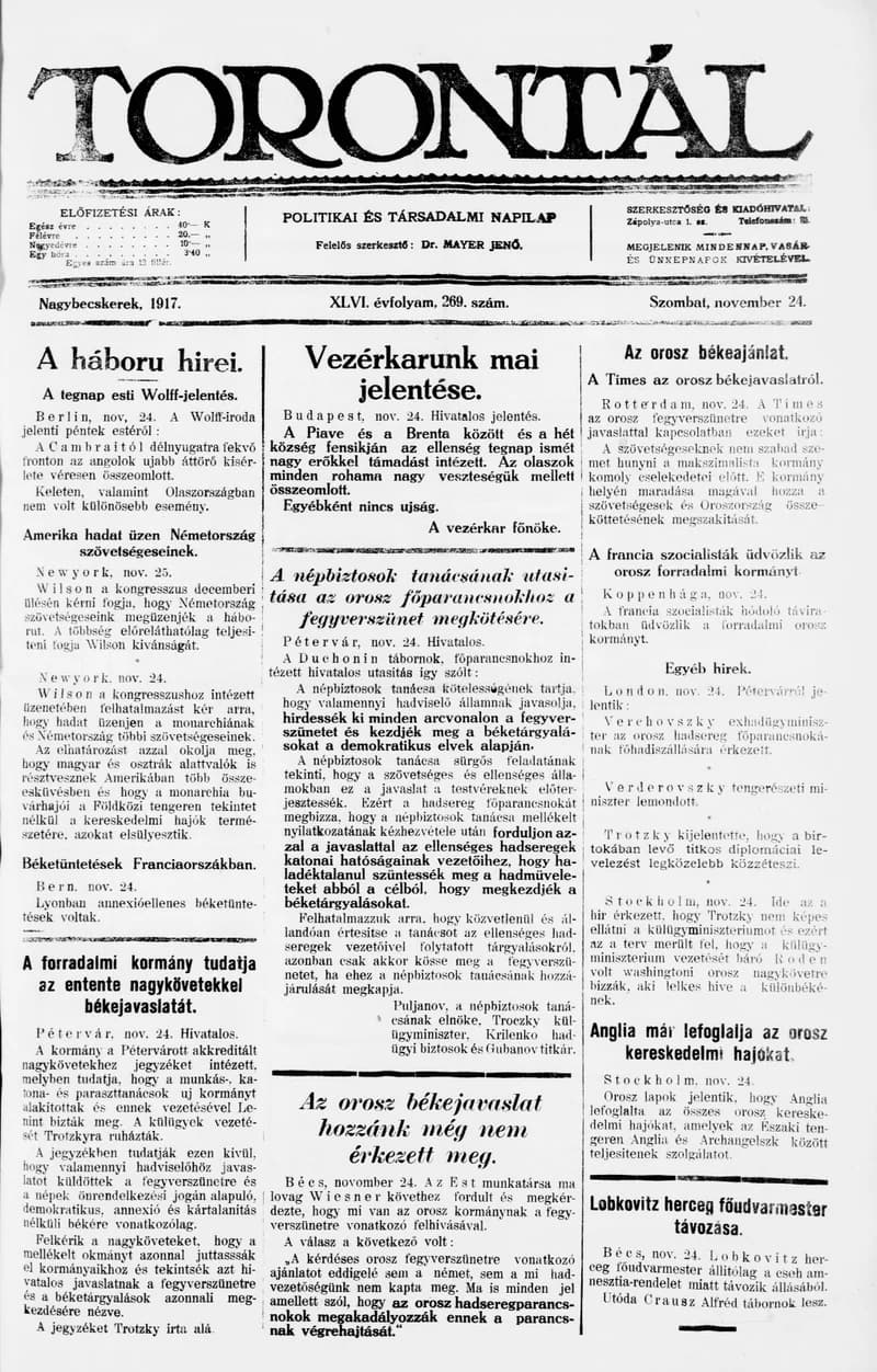 Torontál, 46. évf. 1917. november 24. 269. sz.
