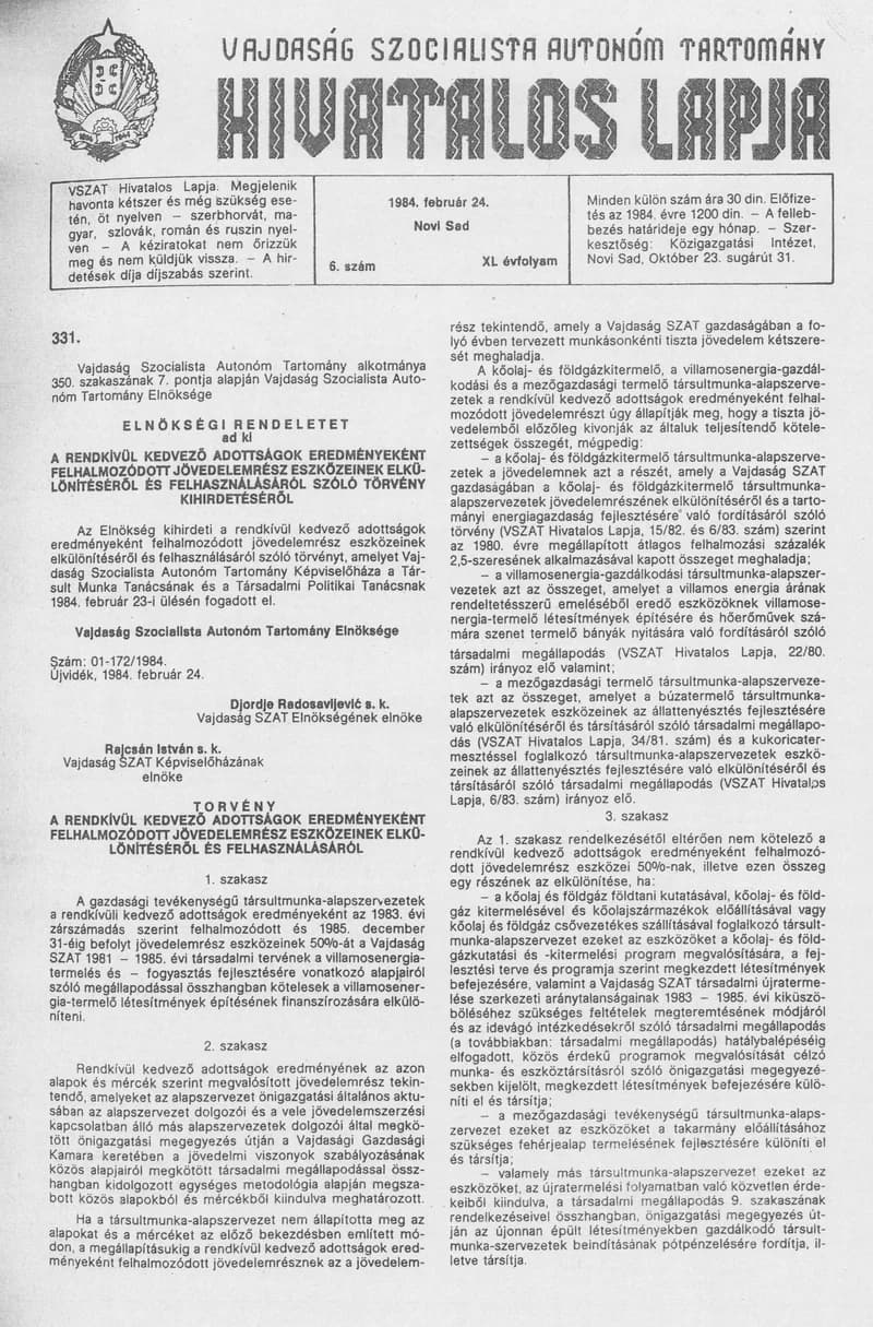 Vajdaság Szocialista Autonóm Tartomány Hivatalos Lapja, 40. évf. 1984. február 24. 6. sz.