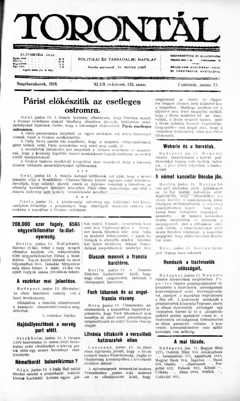 Torontál, 47. évf. 1918. június 13. 133. sz.