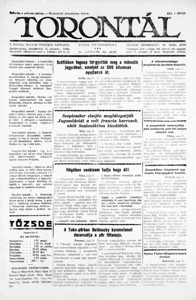 Torontál, 58. évf. 1929. augusztus 9. 182. sz.