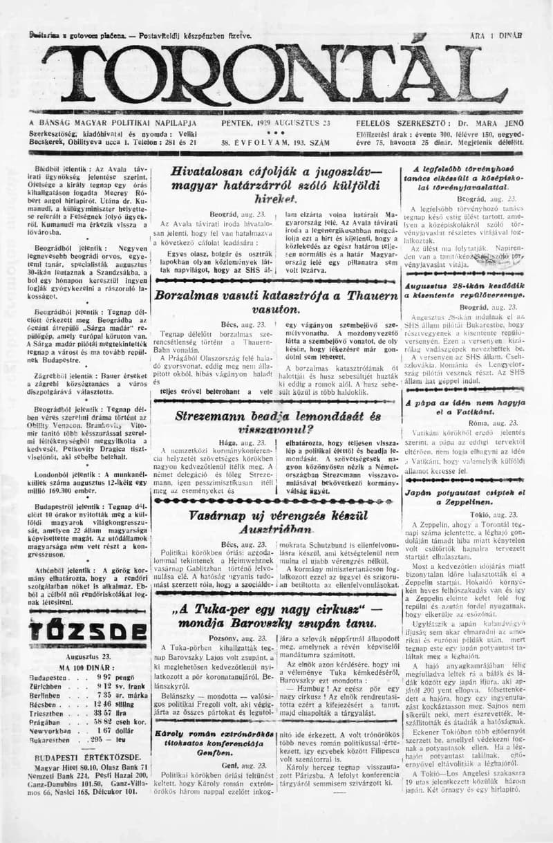Torontál, 58. évf. 1929. augusztus 23. 193. sz.