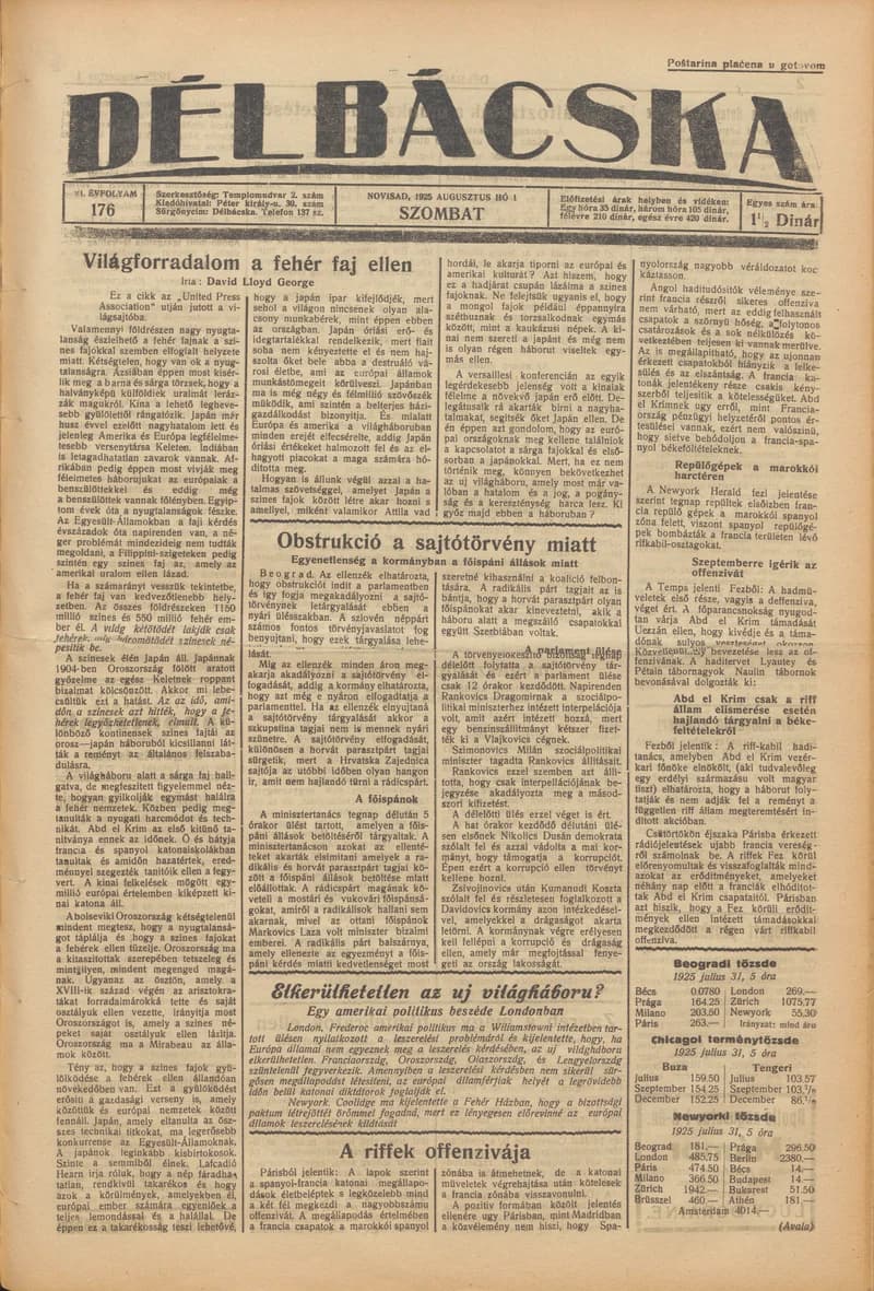 Délbácska, 6. évf. 1925. augusztus 1. 176. sz.