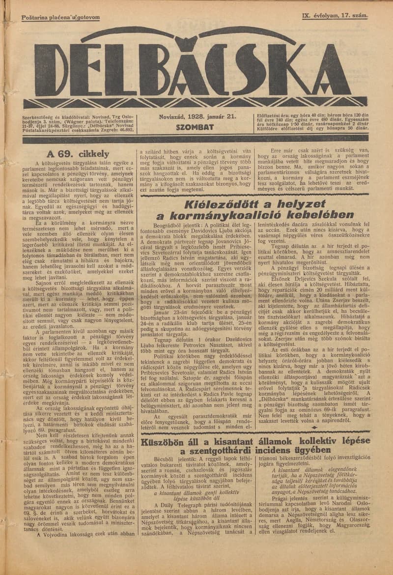 Délbácska, 9. évf. 1928. január 21. 17. sz.