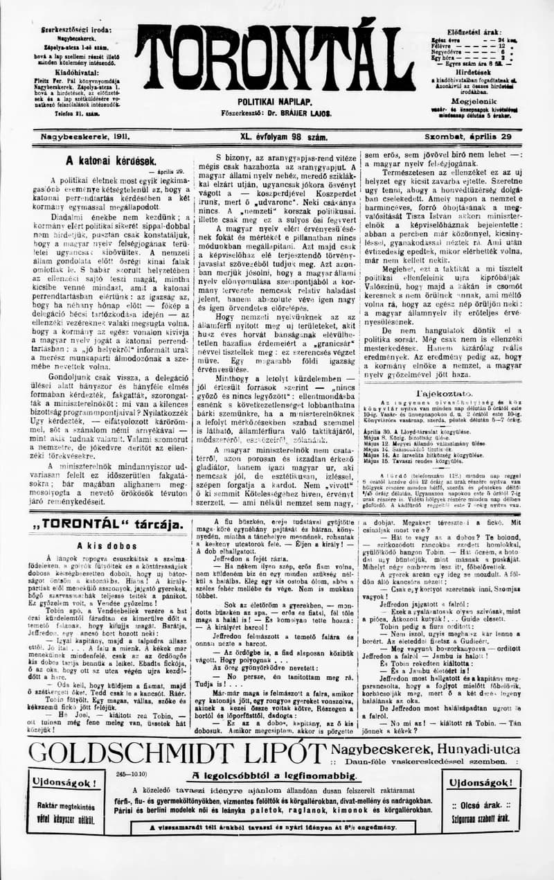 Torontál, 40. évf. 1911. április 29. 98. sz.
