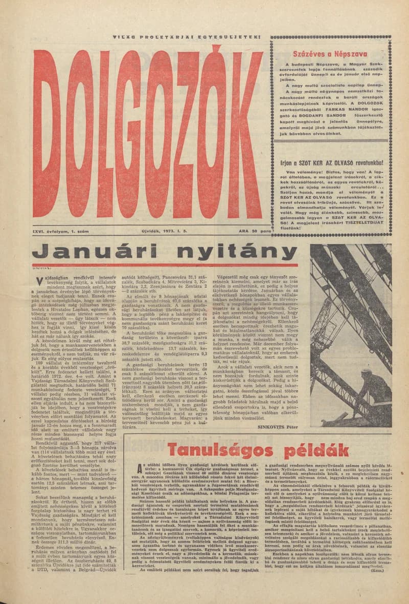 Dolgozók, 27. évf. 1973. január 5. 1. sz.