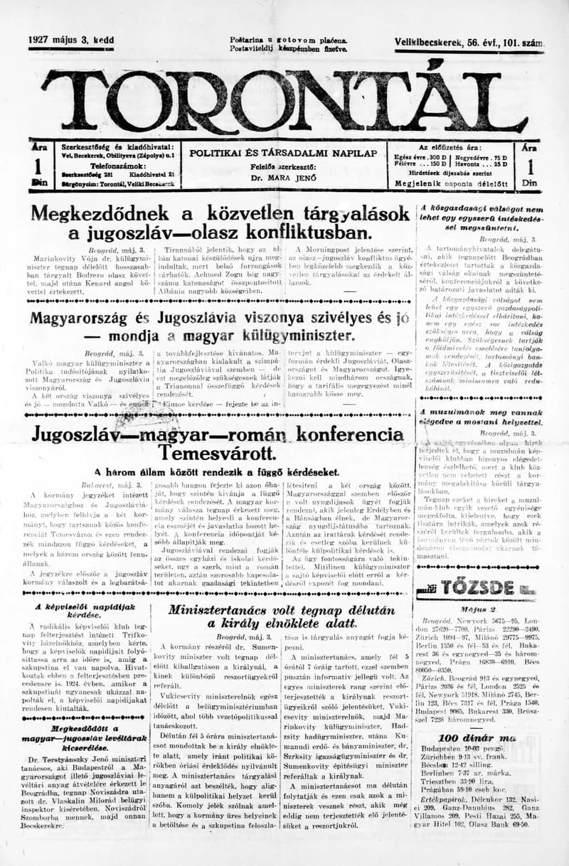 Torontál, 56. évf. 1927. május 3. 101. sz.