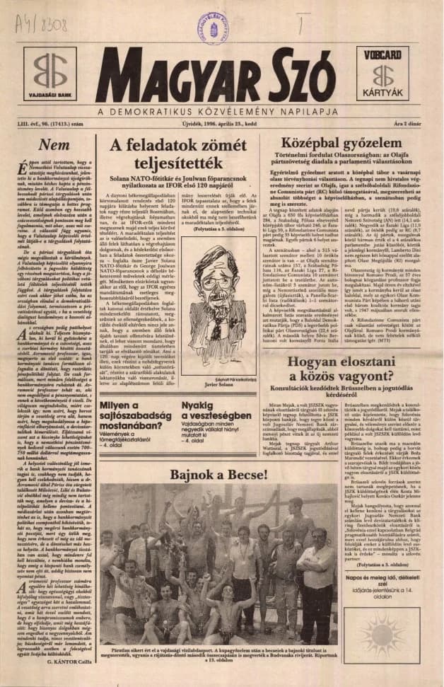 Magyar Szó, 53. évf. 1996. április 23. 96. sz. 1–16. oldal