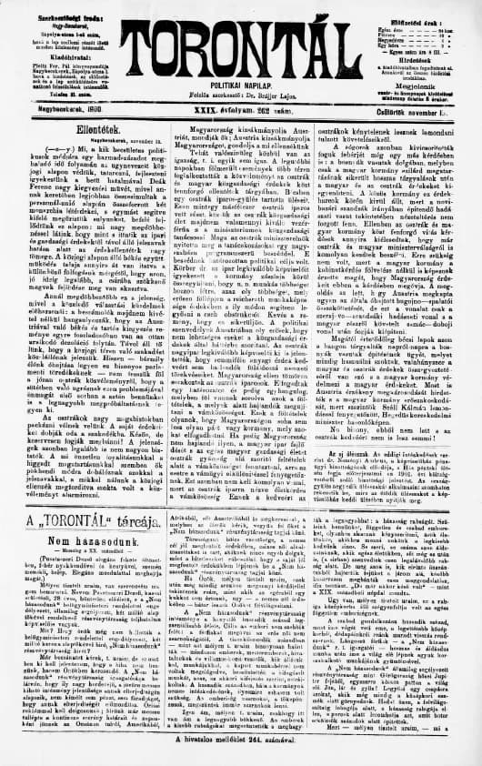 Torontál, 29. évf. 1900. november 15. 262. sz.