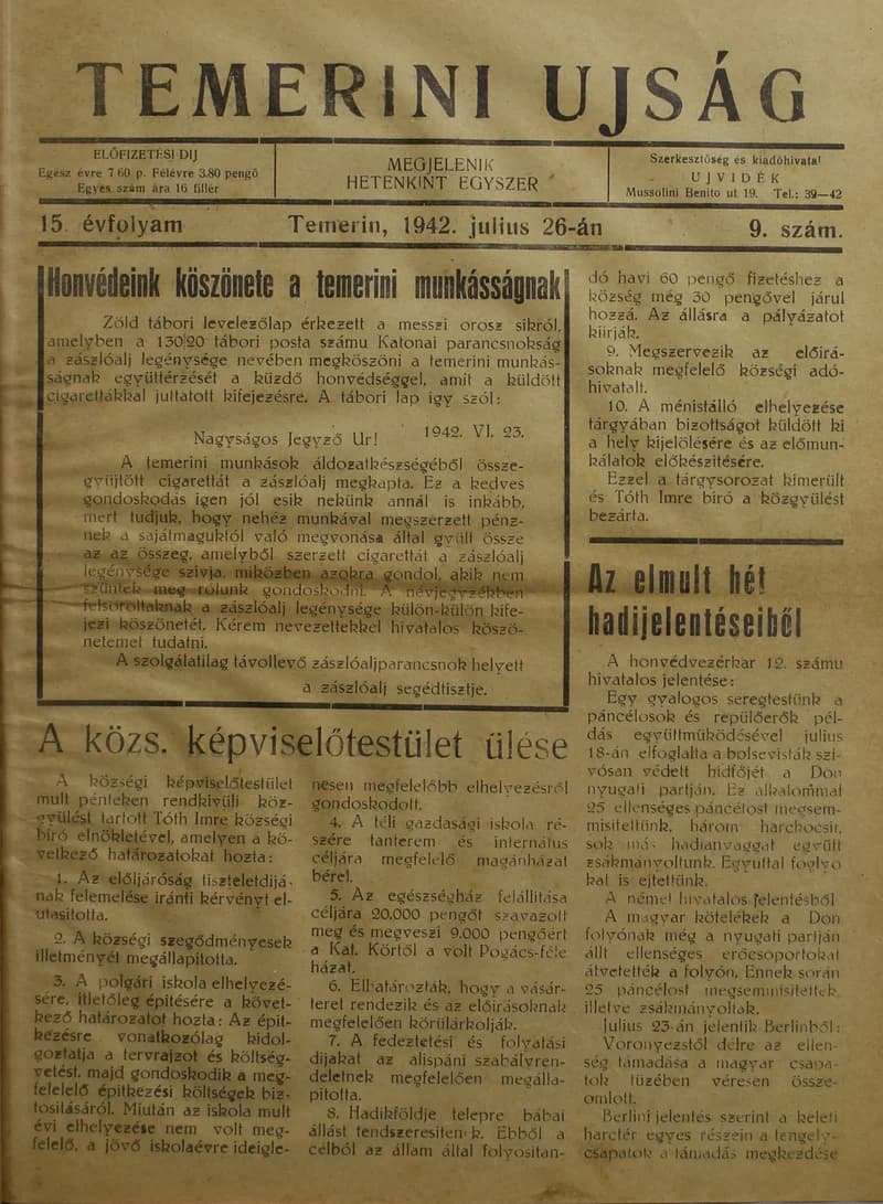 Temerini Újság 1928-1944, 15. évf. 1941. július 26. 9. sz.