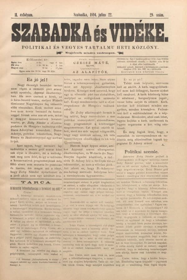 Szabadka és vidéke II, 2. évf. 1894. július 22. 29. sz.