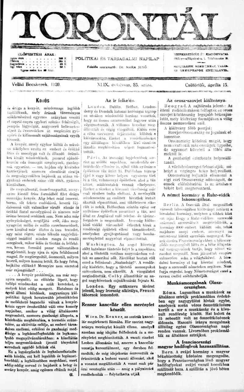 Torontál, 49. évf. 1920. április 15. 85. sz.
