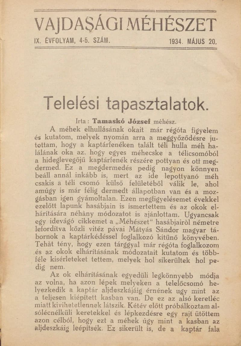 Vajdasági méhészet, 9. évf. 1934. május 20. 4–5. sz.