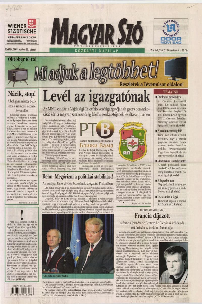 Magyar Szó, 65. évf. 2008. október 10. 236. sz. 1–20. oldal