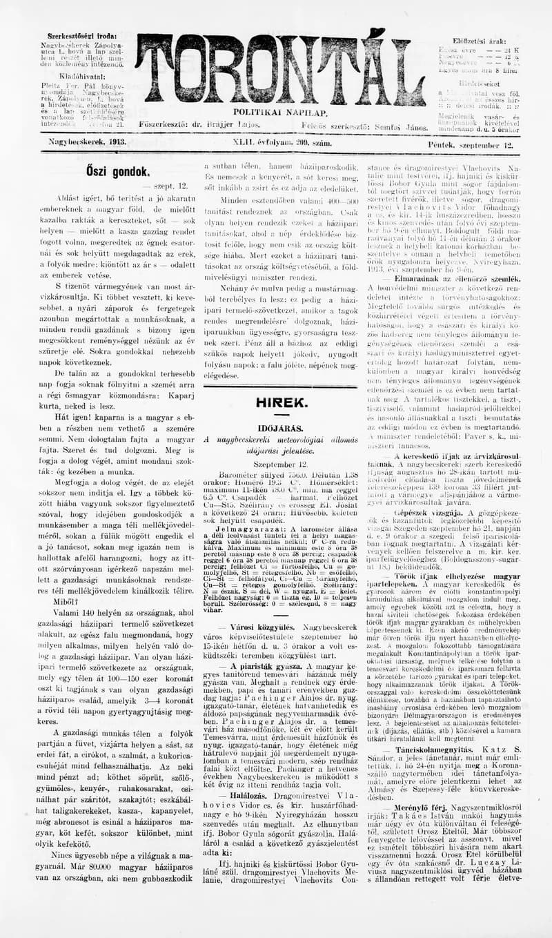 Torontál, 42. évf. 1913. szeptember 12. 209. sz.