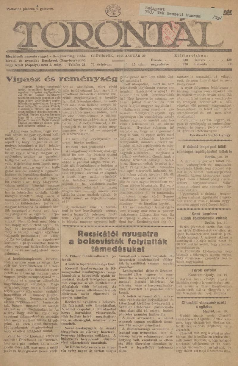 Torontál, 73. évf. 1944. január 20. 15. sz.