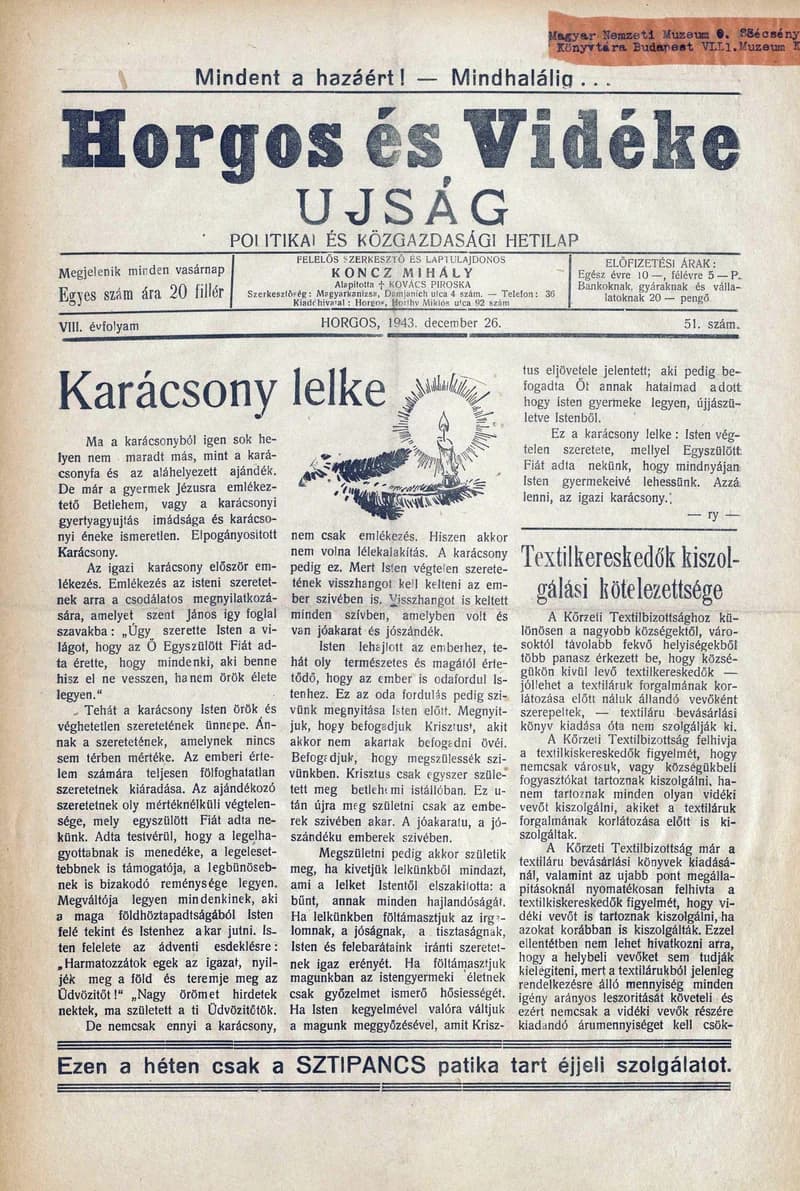 Horgos és vidéke, 8. évf. 1943. december 26. 51. sz.