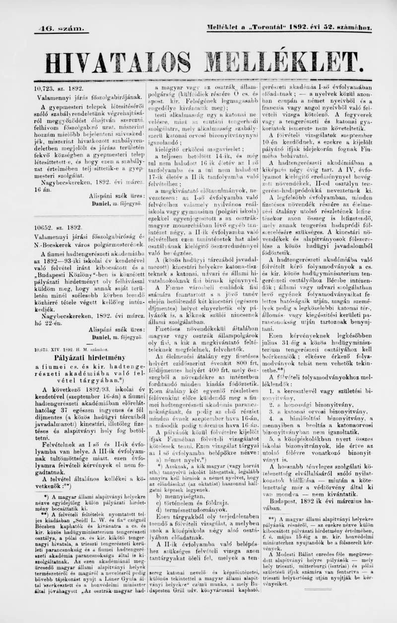 A Totontál  hivatalos melléklete, 5. évf. 1892. március 27. 46. sz.