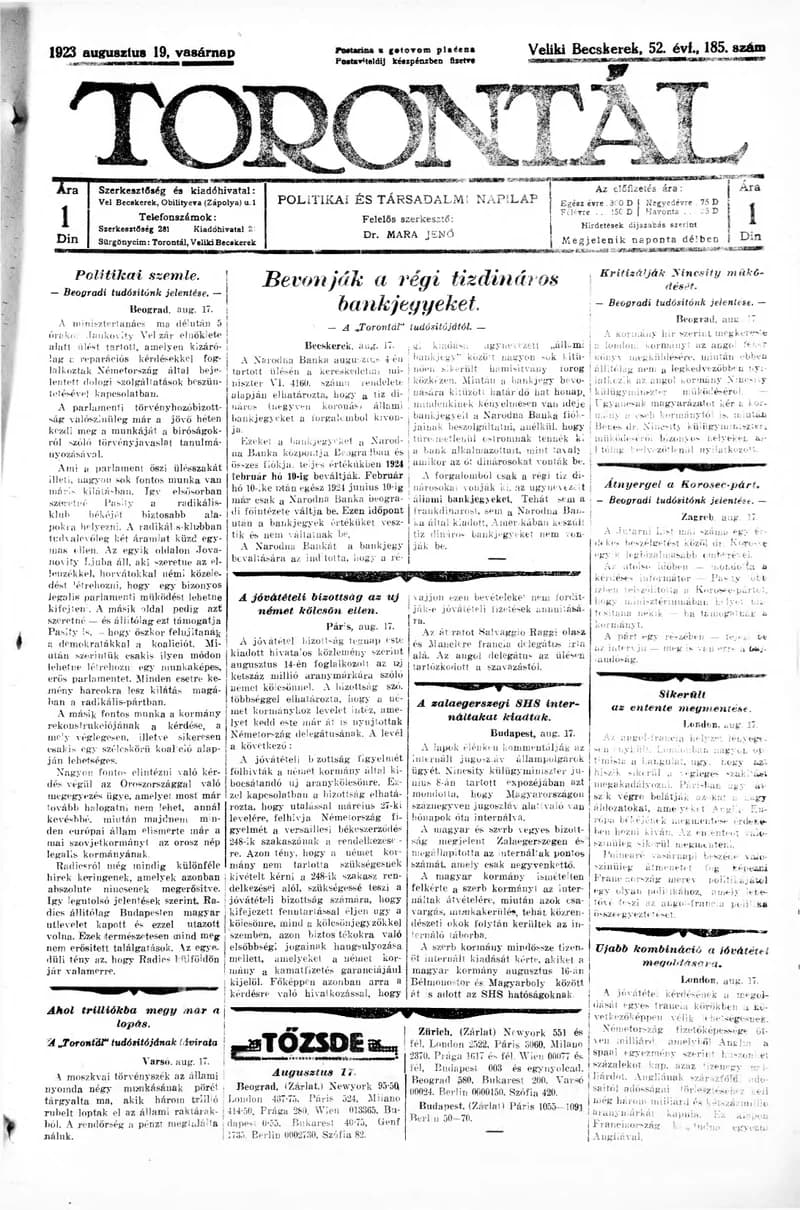 Torontál, 52. évf. 1923. augusztus 19. 185. sz.