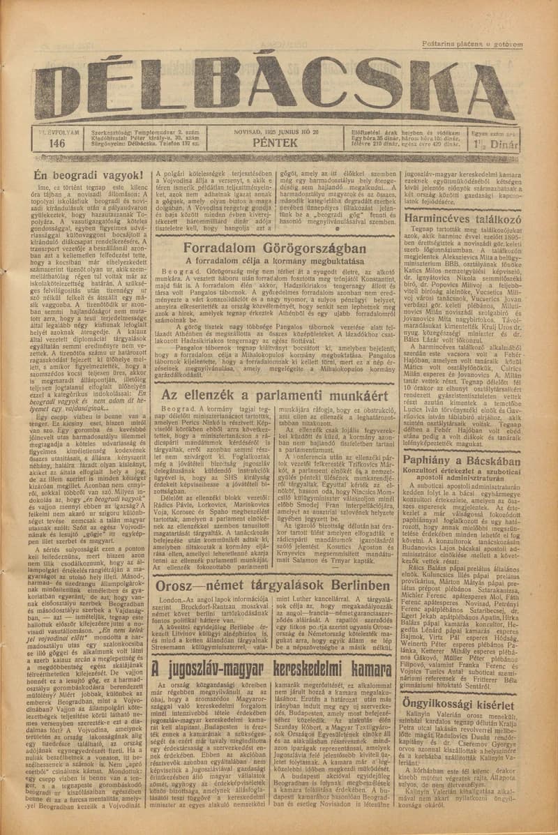 Délbácska, 6. évf. 1925. június 26. 146. sz.
