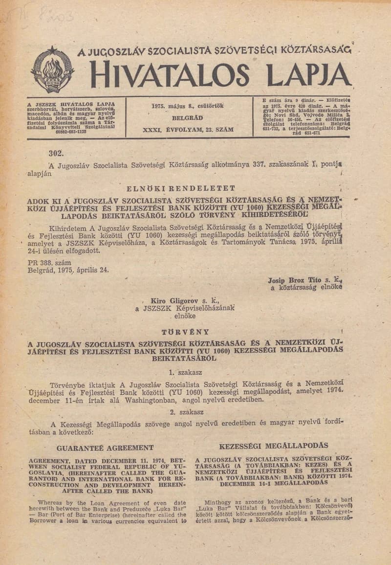 A Jugoszláv Szocialista Szövetségi Köztársaság Hivatalos Lapja, 31. évf. 1975. május 8. 23. sz. 753–780. oldal