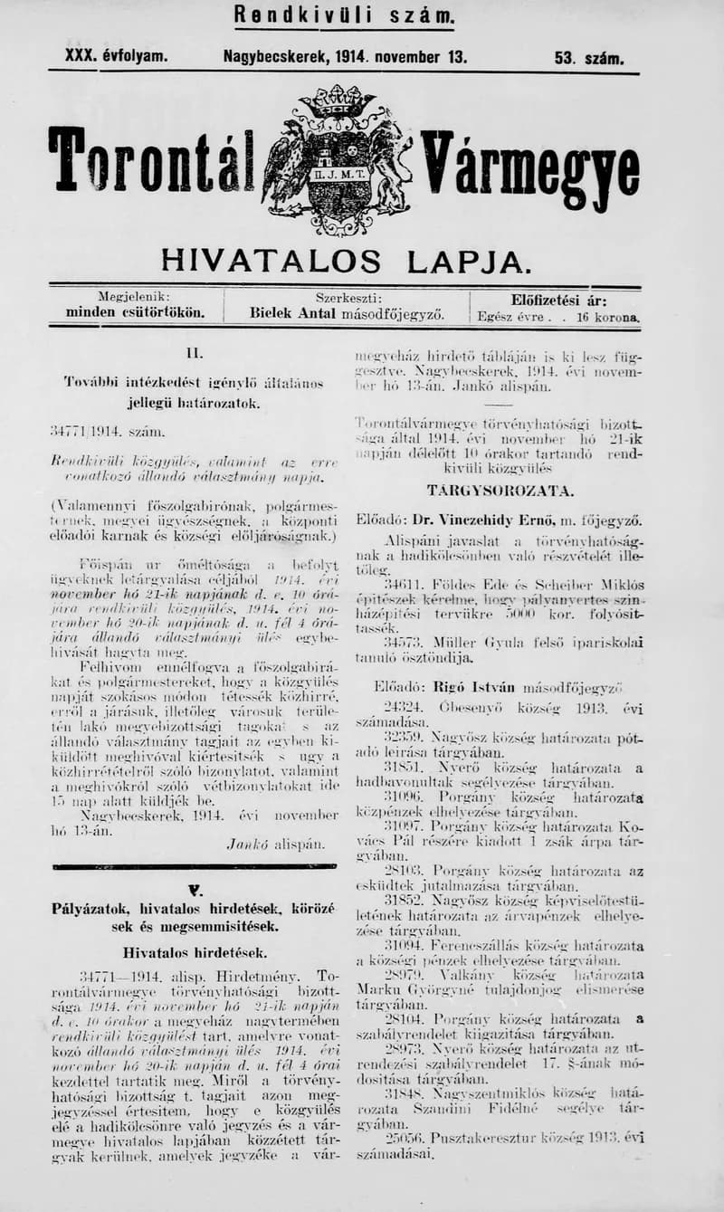 Torontál Vármegye Hivatalos Lapja, 30. évf. 1914. november 13. 53. sz.